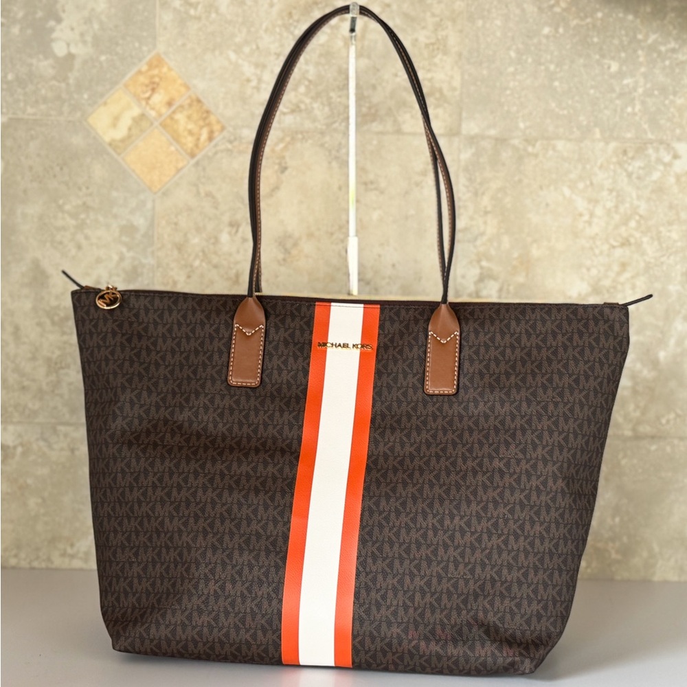 Michael Kors Travel XL Top Zip Tote Shoulder Bag MK Brown Tangerine - Picture 4 of 16